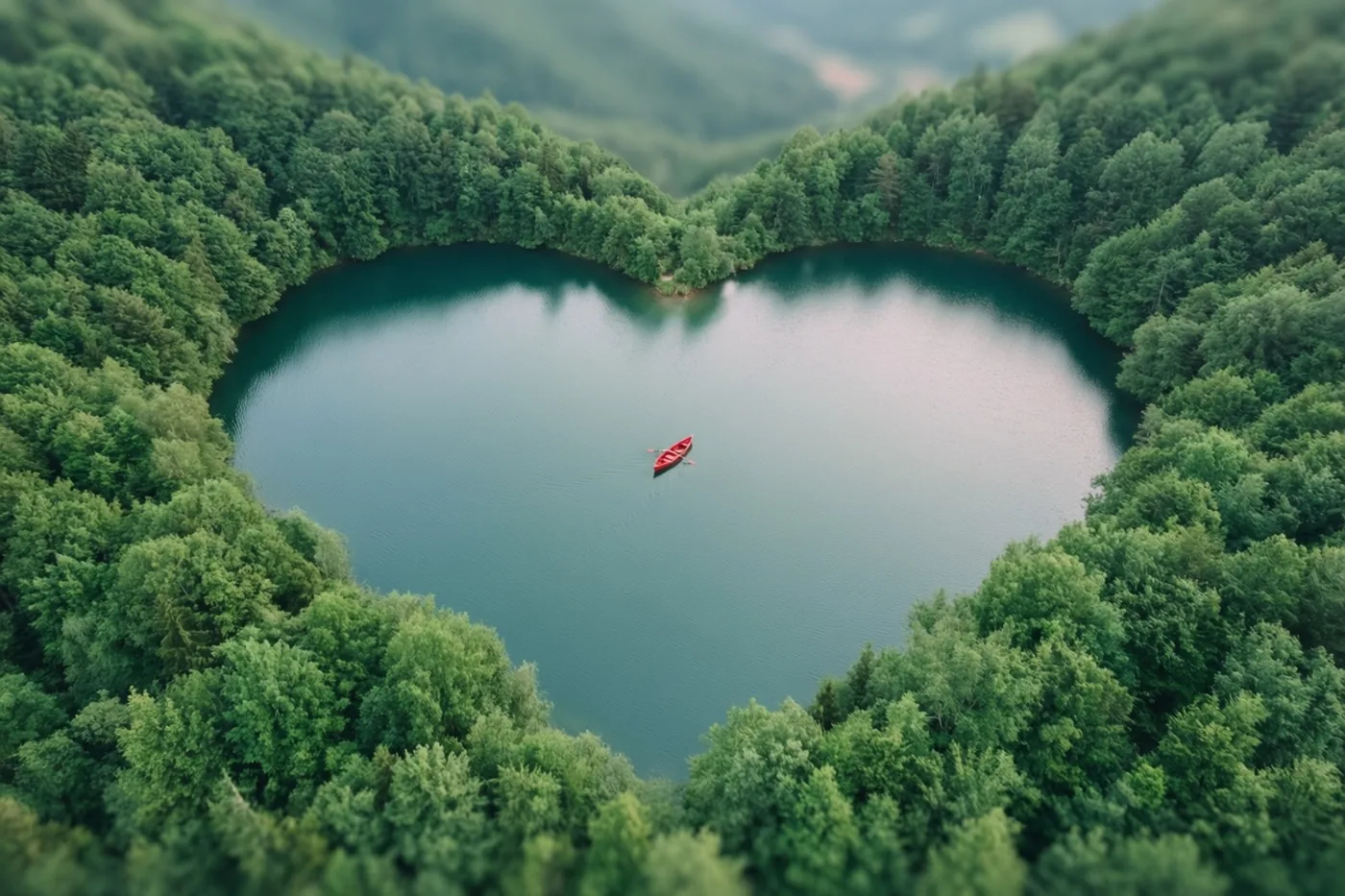 Een luchtbeeld toont een hartvormig meer tussen dichte groene bossen, met een klein rood roeibootje in het midden.