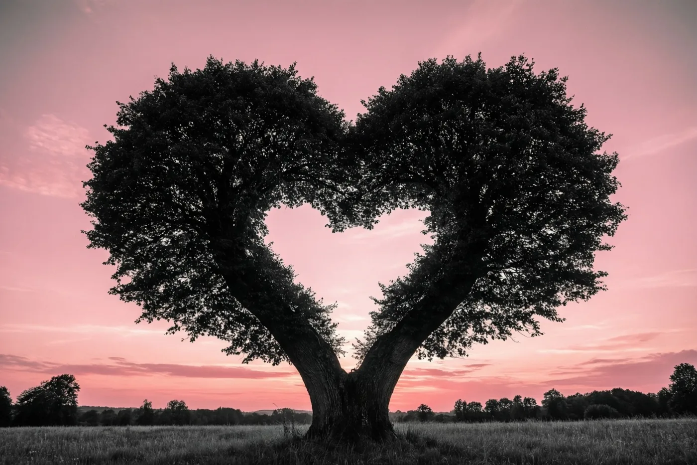 Een boom met twee afzonderlijke stammen en kruinen die samen een hart vormen, staat als silhouet in een grasveld tegen een roze avondlucht, met bomen aan de horizon.