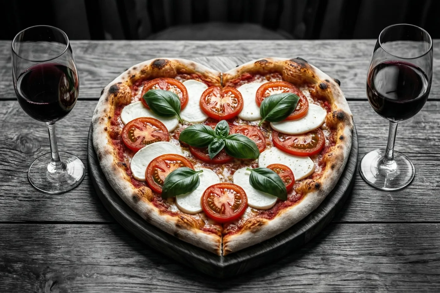 Een hartvormige pizza met tomaat, mozzarella en basilicum ligt op een donkere houten plank tussen twee glazen rode wijn op een verweerde houten tafel.