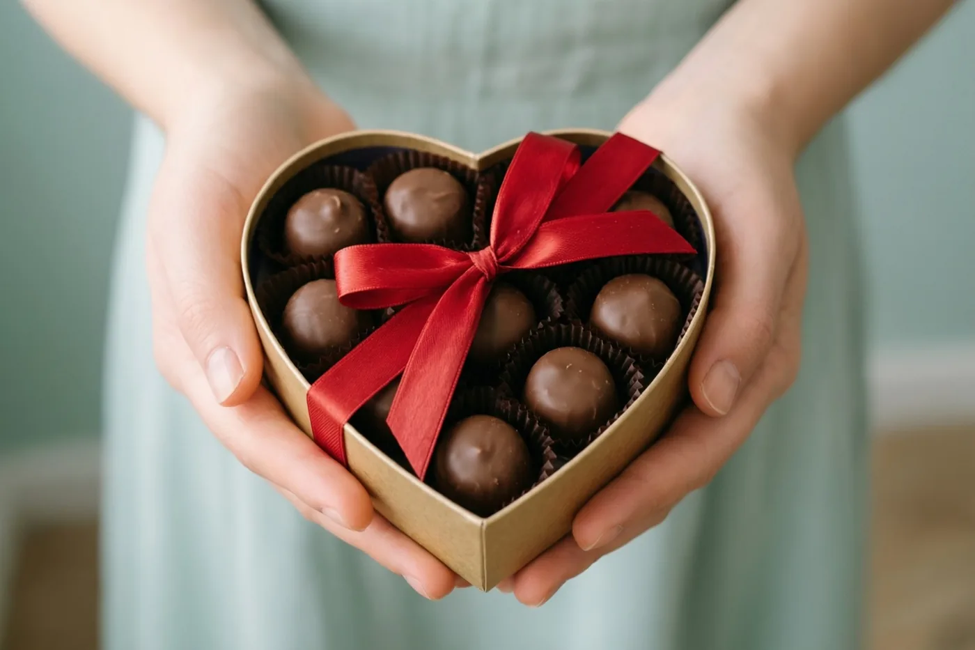 Twee handen houden een open hartvormige doos pralines met een rood lint vast, met een persoon in een lichtgroene jurk onscherp op de achtergrond.