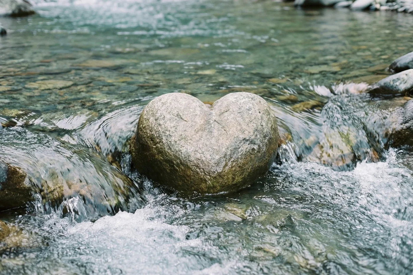 Een hartvormige rots ligt gedeeltelijk onder water in een heldere bergbeek, met stromend water eromheen in groene, grijze en witte tinten.
