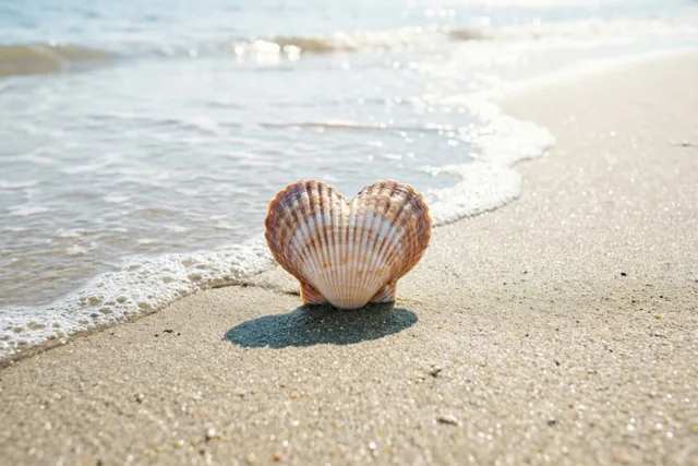 Een hartvormige sint-jakobsschelp ligt op nat zand aan de rand van de zee, waar zachte golven aanrollen in warm zonlicht.