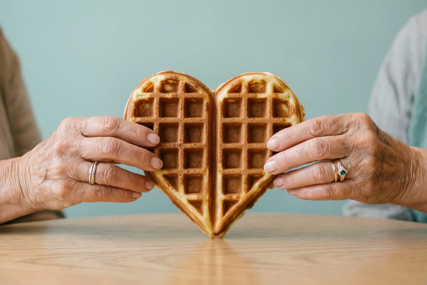 Twee oudere handen met trouwringen houden een hartvormige wafel vast bij een houten tafel tegen een zachtblauwe achtergrond.