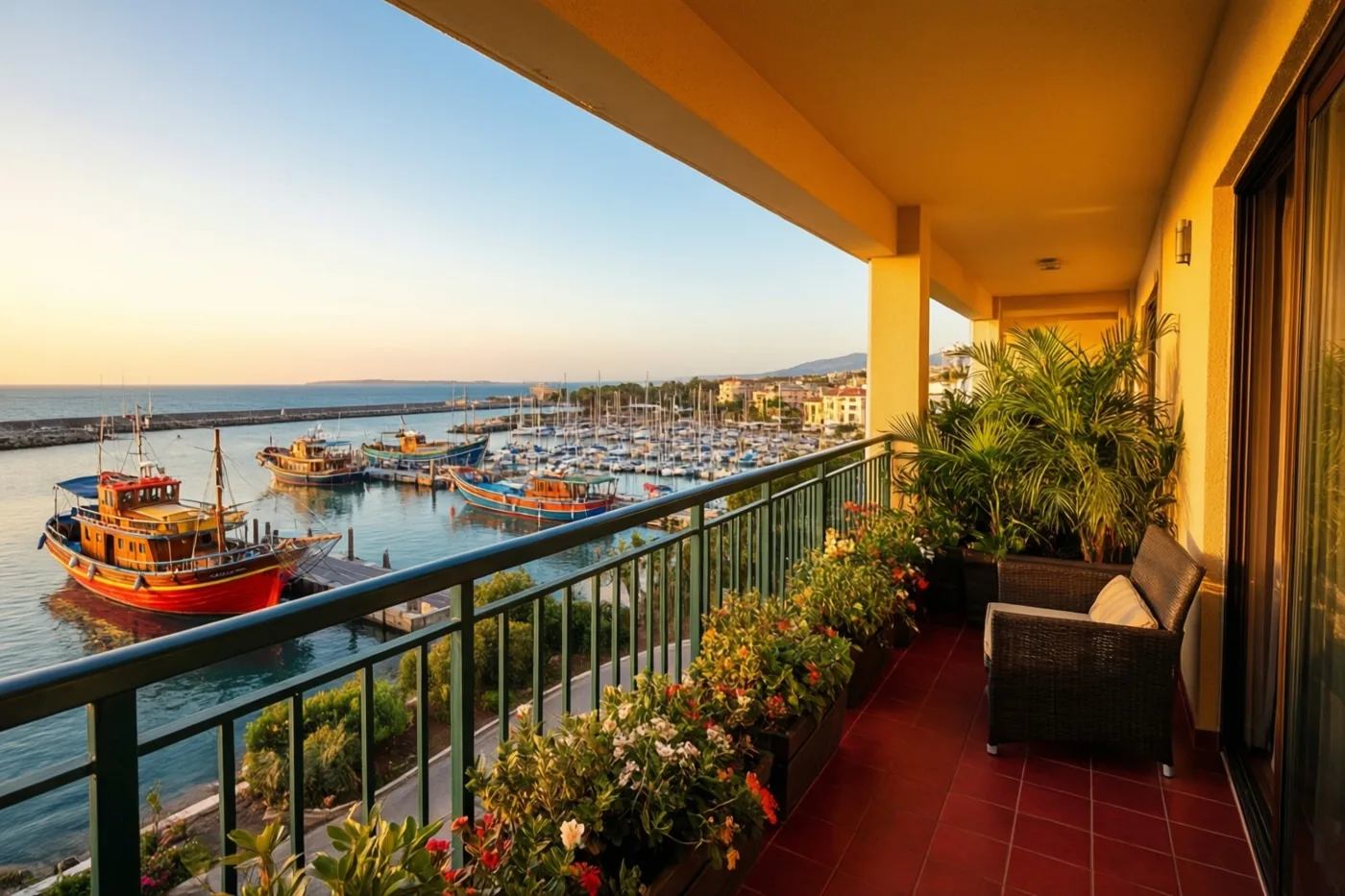 Een hotelbalkon met rode tegels en potplanten kijkt bij zonsondergang uit op een haven met kleurrijke boten, blauw water en een blauwe hemel.