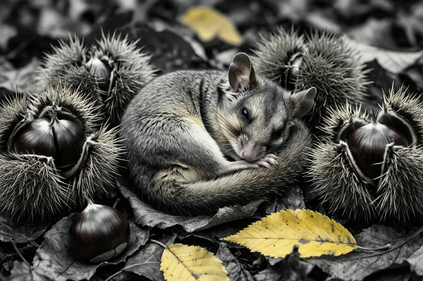 Een hazelmuis ligt opgerold te slapen tussen kastanjes, stekelige bolsters en gele bladeren op een bosbodem die verder in grijstinten is weergegeven.