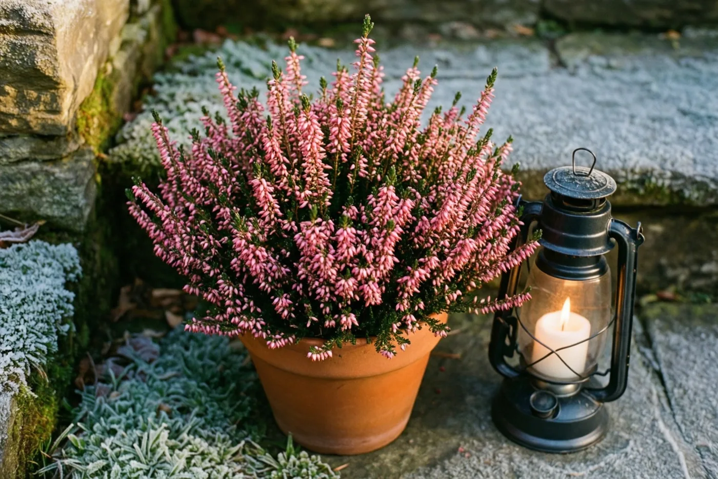 Een pot bloeiende roze heide staat met een brandende kaarslantaarn op een berijpte stenen drempel, tussen bemoste stenen muren en grond bedekt met rijp.