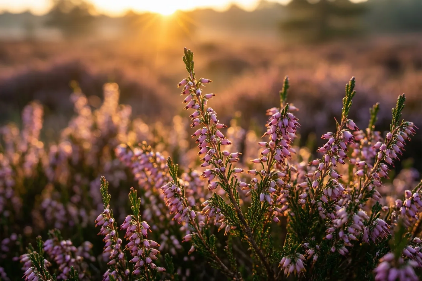 Roze heidebloemen zijn van dichtbij te zien in het gouden tegenlicht van de opkomende zon, met een zacht onscherpe achtergrond.