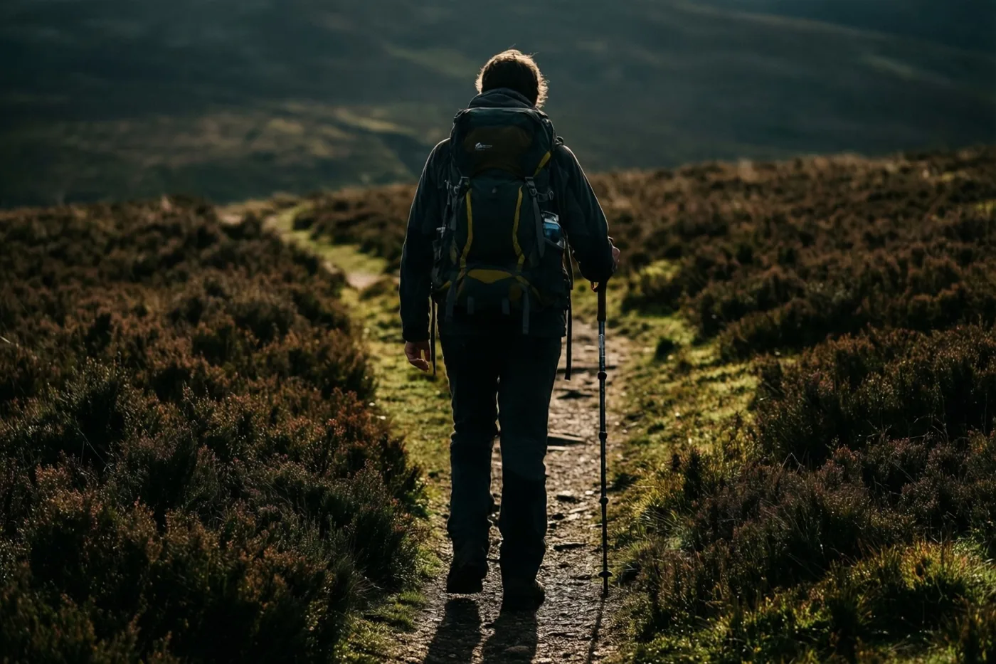Een wandelaar met rugzak en wandelstok loopt van de kijker weg over een smal pad door de heide in laag, warm zonlicht.