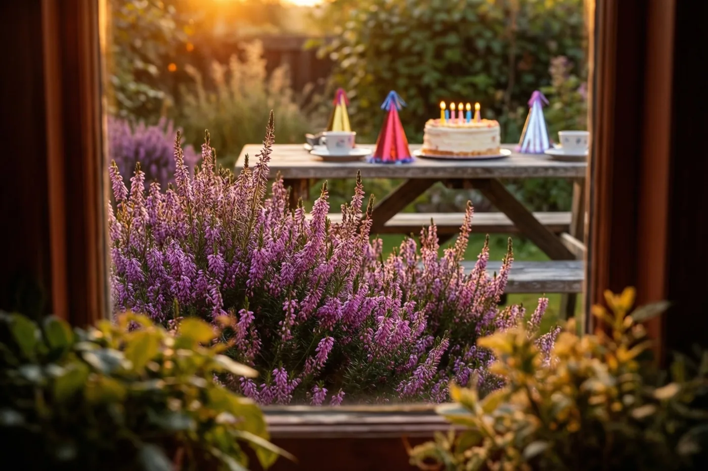 Door een raam is een tuin met bloeiende paarse heide te zien, waar een houten picknicktafel met een taart met kaarsjes en kleurrijke feesthoedjes in het warme zonlicht staat.