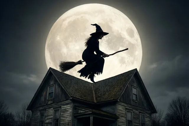 Een heks op een bezem vliegt als silhouet boven een scheef, verweerd houten huis voor een enorme volle maan in een donkere, bewolkte lucht.