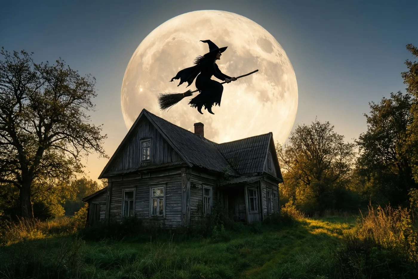 Het silhouet van een heks op een bezem steekt af tegen een grote volle maan boven een scheef, verweerd houten huis in een grasveld bij goudkleurig licht.