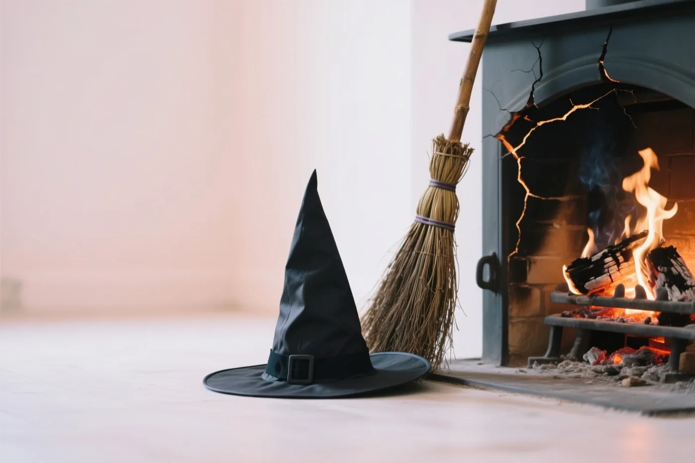 Een zwarte heksenhoed en een strobezem staan op een lichte houten vloer naast een brandende haard, in zacht roze en oranje licht.