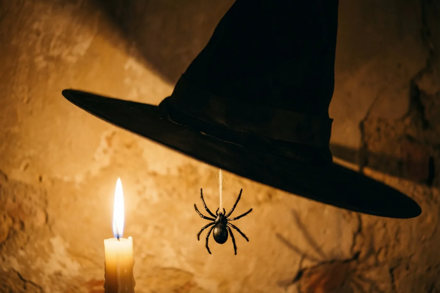 Een zwarte heksenhoed en een hangende spin werpen schaduwen op een oude gepleisterde muur in het warme licht van één brandende kaars.