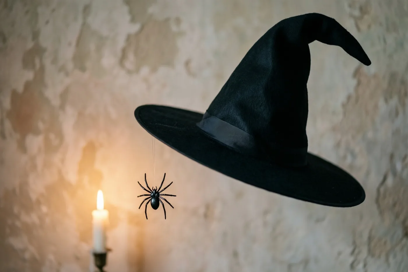 Een zwarte heksenhoed hangt voor een oude muur met ruw pleisterwerk, met een klein zwart spinnetje aan de rand, terwijl een brandende kaars op de achtergrond warm, zacht licht en schaduwen op de muur werpt.