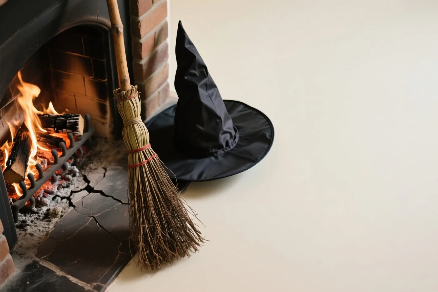 Een zwarte puntige heksenhoed en een rustieke bezem staan naast een open haard met brandende vlammen in een warm verlichte kamer.