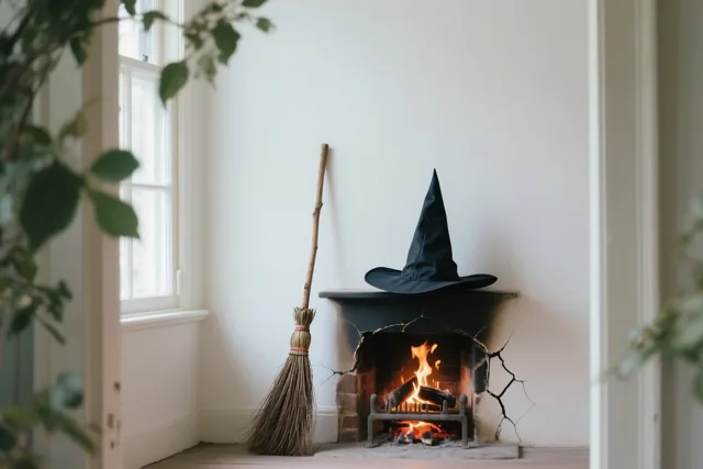 Een zwarte puntige heksenhoed staat op de schouw en een oude bezem leunt ernaast tegen de muur in een lichte kamer met brandend haardvuur.