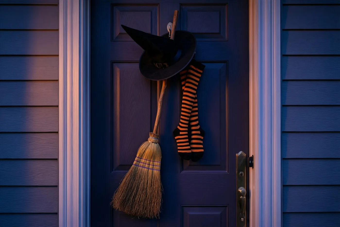Een zwarte heksenhoed, een bezem en oranje-zwart gestreepte kousen hangen aan een donkerblauwe voordeur in paars getint avondlicht.