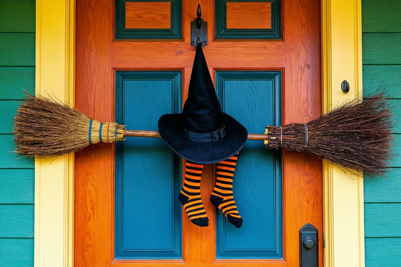Een bezem, een zwarte puntmuts en gestreepte kousen hangen aan een deurhaak op een houten deur met blauwgroene en oranje panelen, gele randen en groene gevelbekleding.