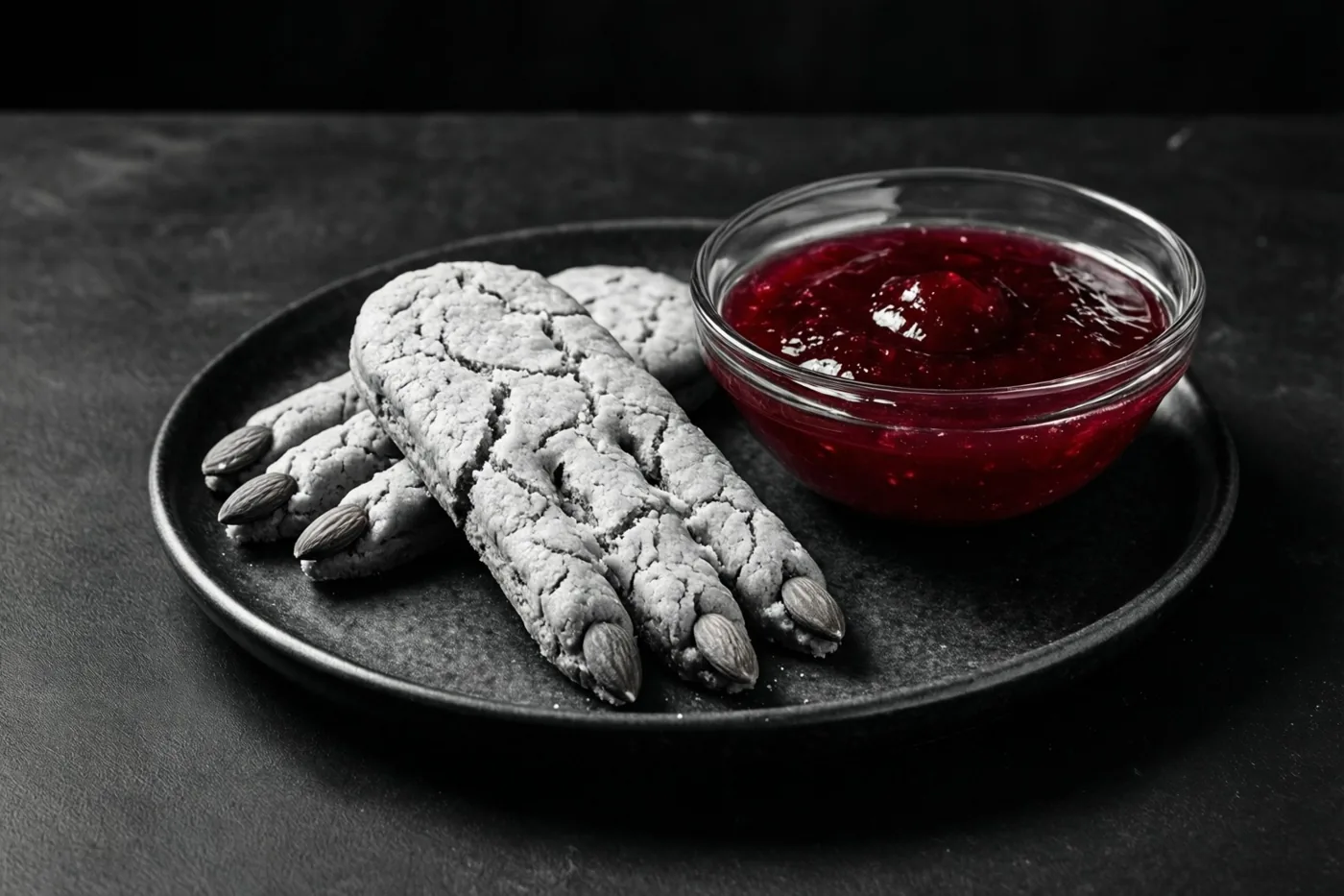 Op een donker bord liggen heksenvingerkoekjes met amandelnagels naast een glazen kom bloedrode gelei, de enige kleur in het verder monochrome beeld.