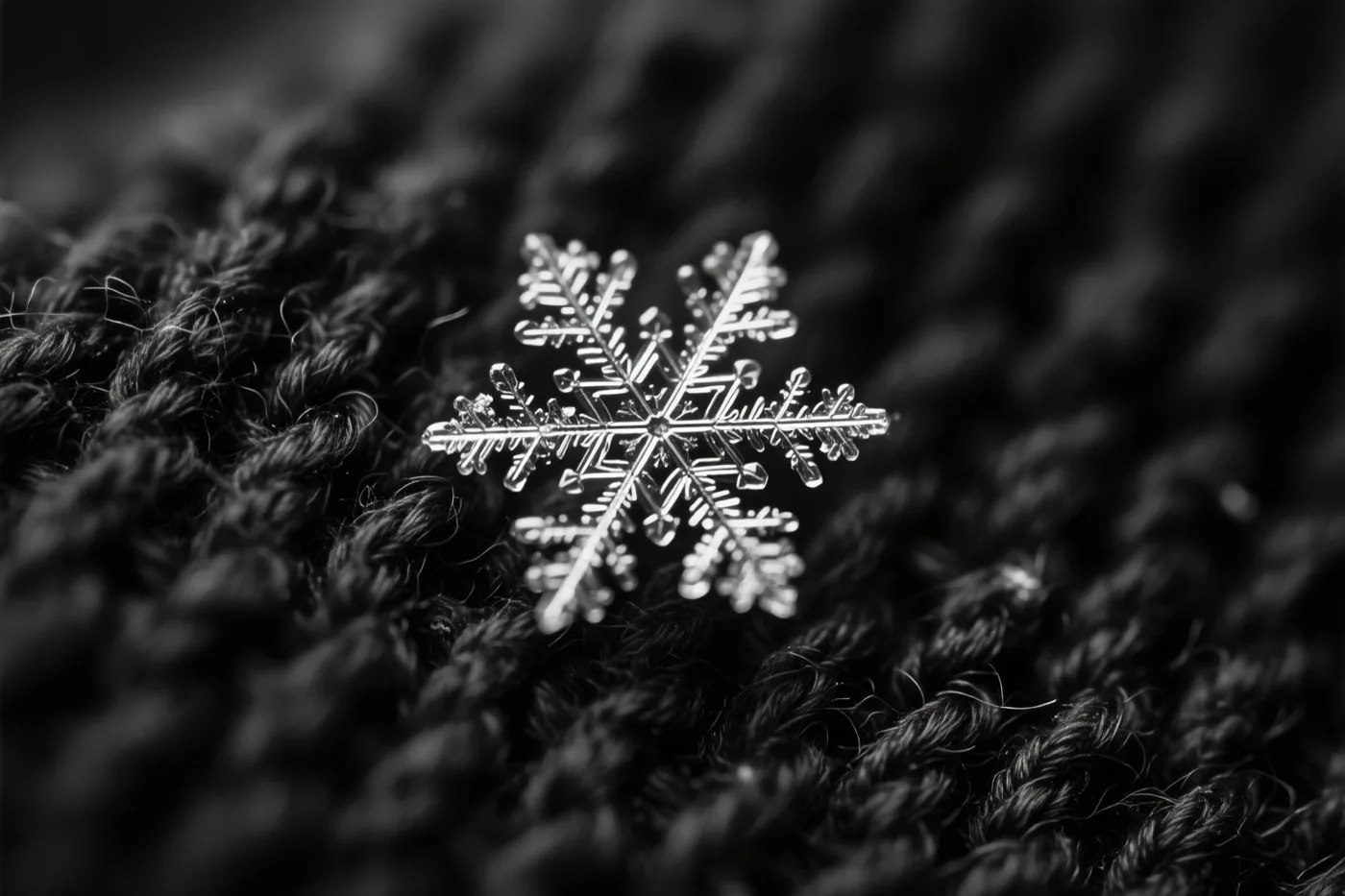 Een heldere, gedetailleerde sneeuwvlok ligt op donkere wol met een zichtbare structuur, weergegeven in één kleurtoon.