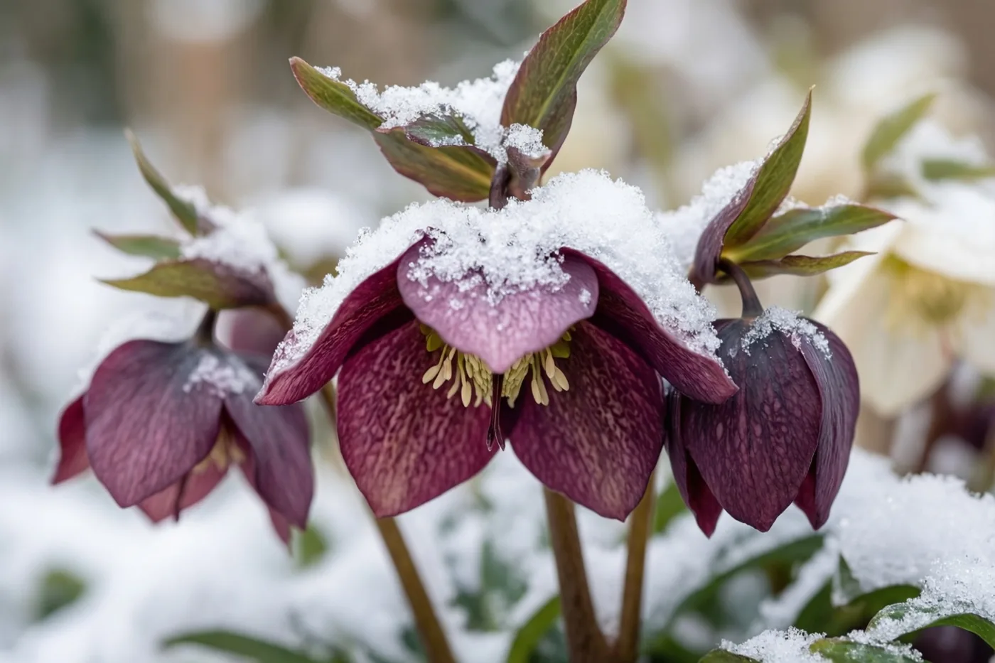 Dieppaarse helleborussen met neergebogen bloemhoofdjes en groene bladeren staan met verse sneeuw bestoven in een beschutte tuinborder.
