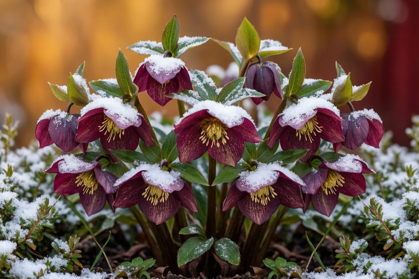 Dieppaarse helleborussen met gebogen bloemhoofdjes, groene bladeren en verse sneeuw staan in een beschutte tuinborder tegen een warme, wazige achtergrond.