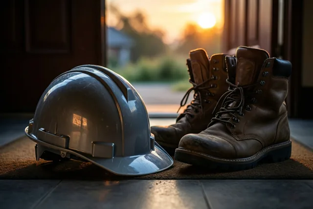 Een glanzende grijze veiligheidshelm en bruine leren werkschoenen staan op een deurmat in een deuropening, in warm ochtendlicht.