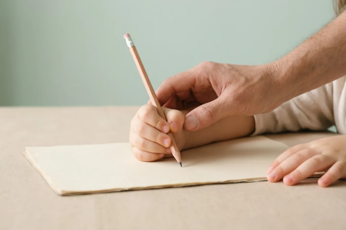 Een volwassen hand begeleidt een kinderhand die een potlood boven een leeg blad papier op een tafel vasthoudt, tegen een lichtgroene muur in zacht daglicht.