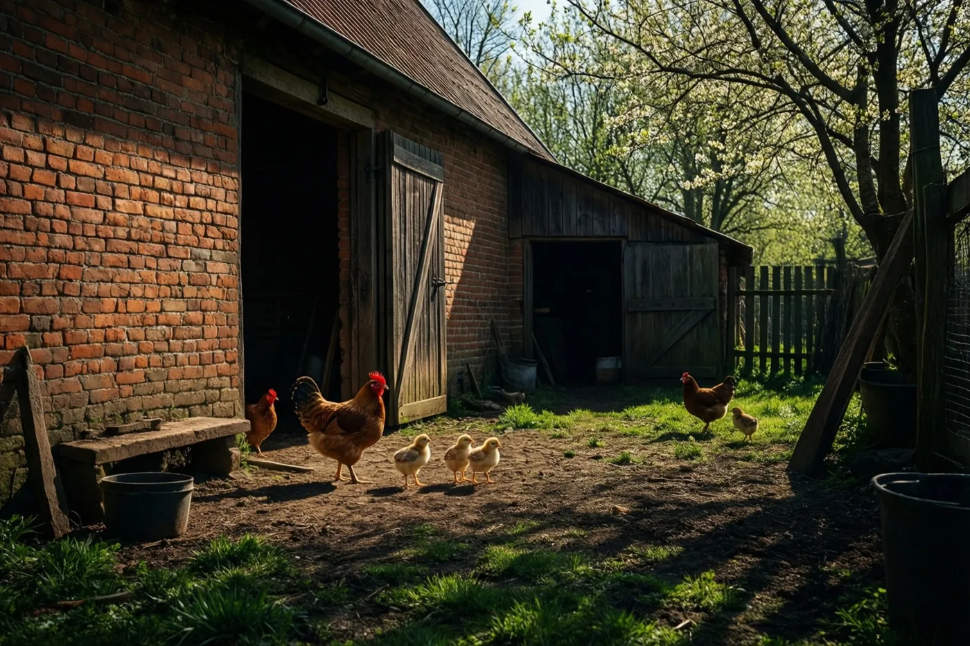 Een hen en enkele kuikens staan bij de open deur van een bakstenen schuur op een zonnig erf met groen gras, bloeiende bomen en lange schaduwen.