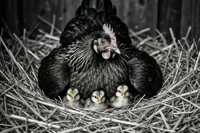 Mama kip beschermt haar kleintjes