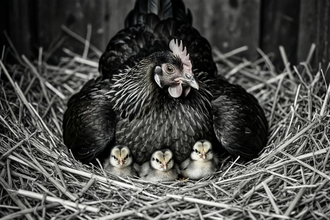 Een zwart-witbeeld toont een hen die drie kuikens onder haar vleugels beschut in een strooien nest.