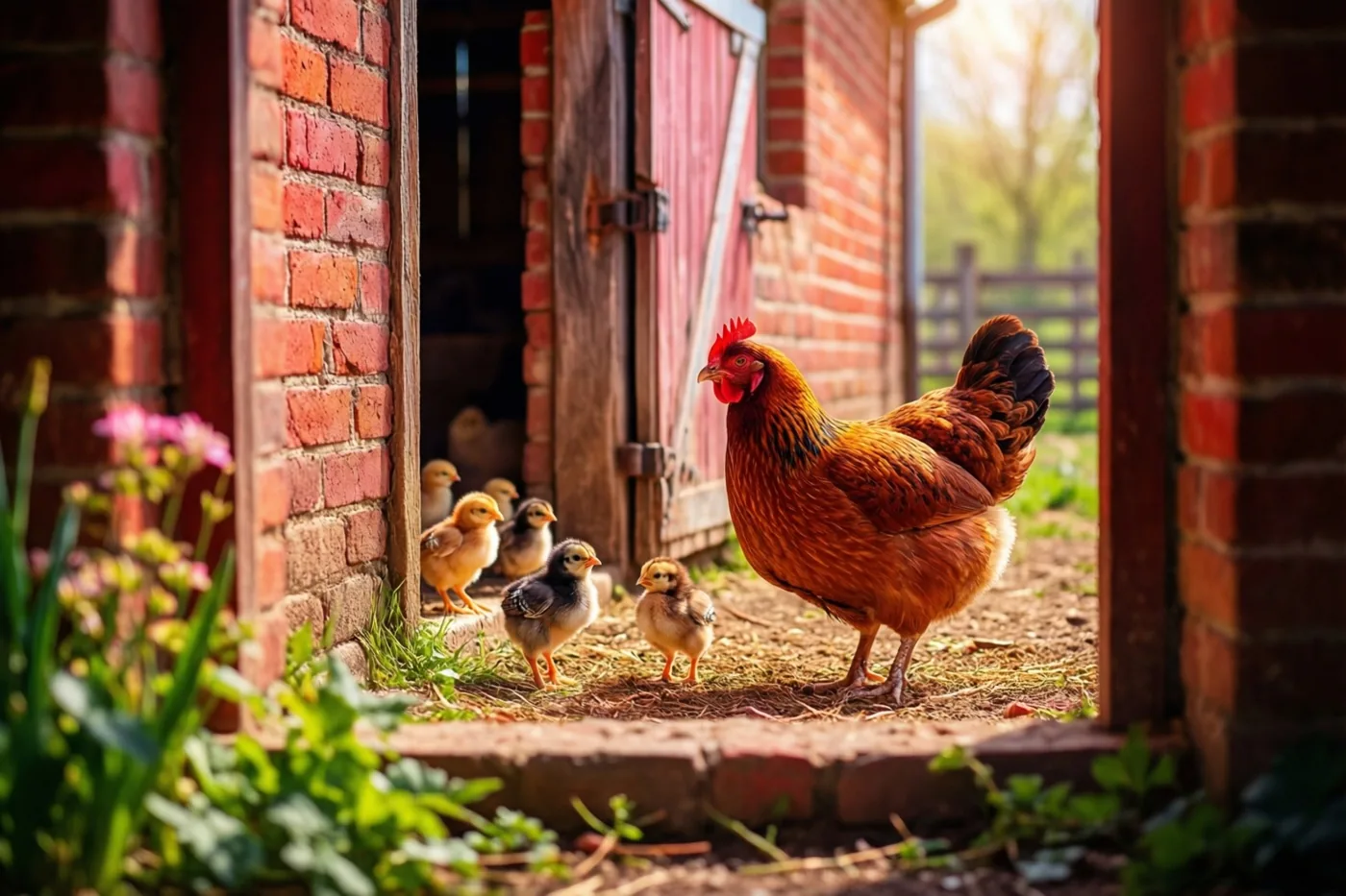 Een hen en enkele kuikens staan bij de open deur van een rode bakstenen schuur in warm lentelicht, met groen en bloemen op de voorgrond.
