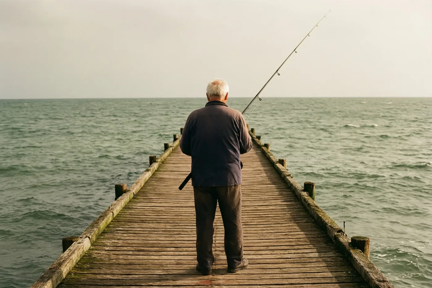 Een oudere man met wit haar staat met een hengel aan het einde van een verweerde houten pier en kijkt uit over een grijsgroene zee onder een bewolkte hemel.