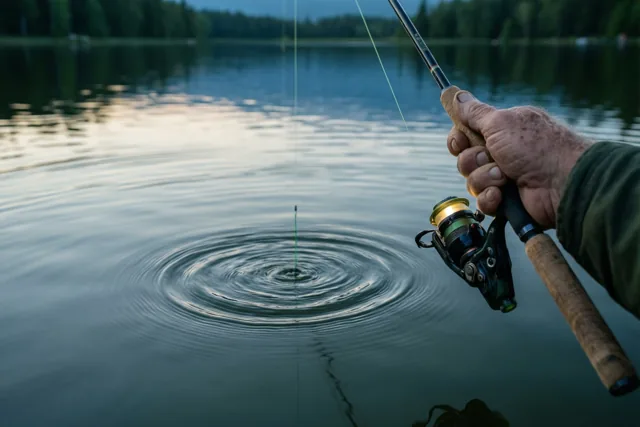 Een oudere hand houdt een hengel vast en werpt een lijn in een kalm meer met ronde rimpelingen, met bomen op de achtergrond in het schemerlicht.