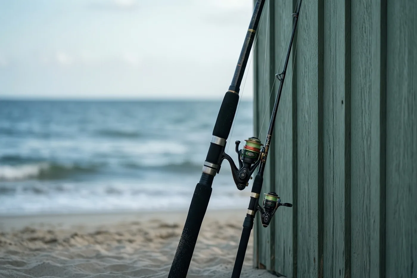 Een grote en een kleine hengel leunen tegen de groene houten wand van een strandcabine, met een onscherp strand en de zee onder een bewolkte lucht erachter.
