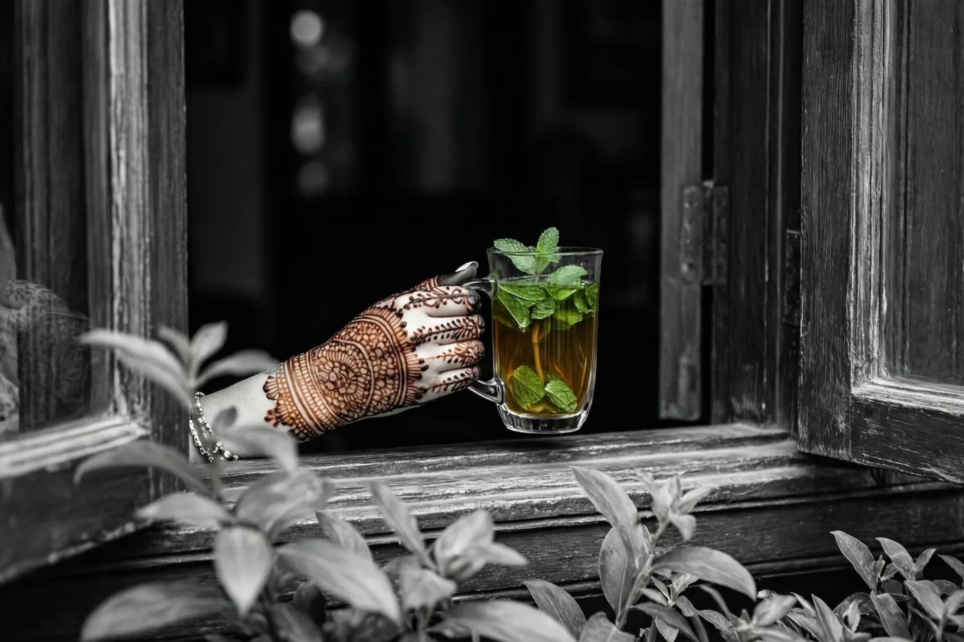 Een hand met fijne hennapatronen houdt een glazen mok muntthee op een houten vensterbank vast, met alleen de groene munt en amberkleurige thee in kleur.