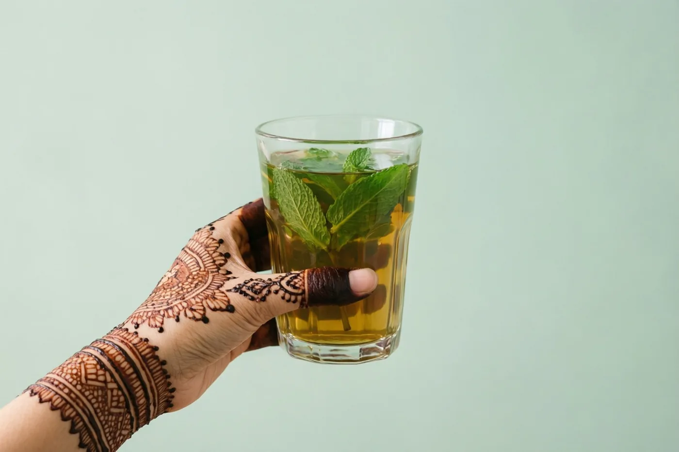 Een hand met fijne hennapatronen houdt een helder glas muntthee vast tegen een effen lichtgroene achtergrond.