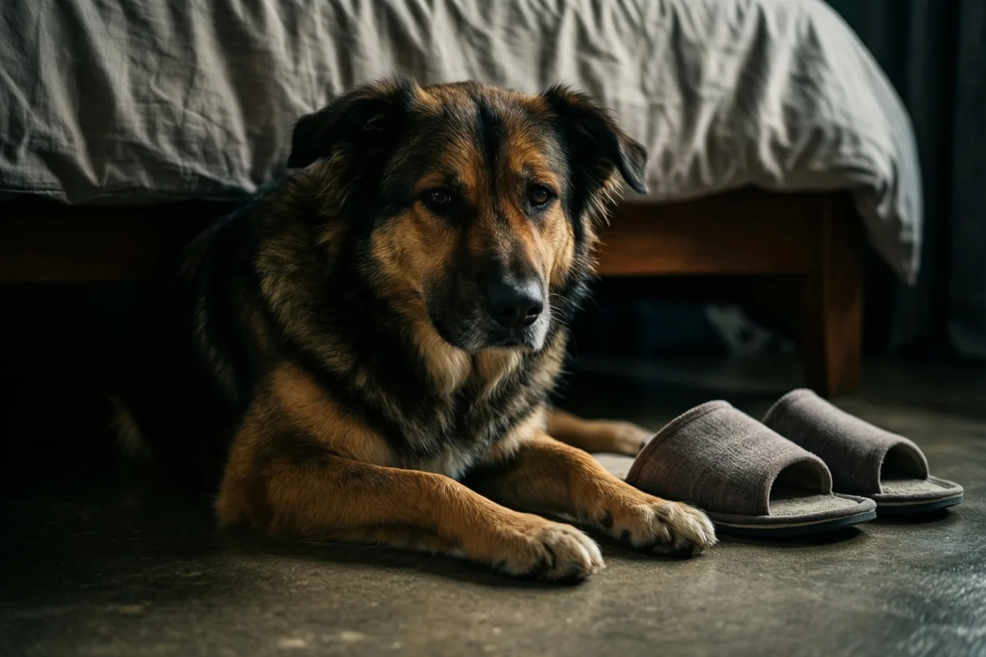 Een Duitse herder ligt op een donkere vloer aan het voeteneind van een bed, naast een paar grijze pantoffels.