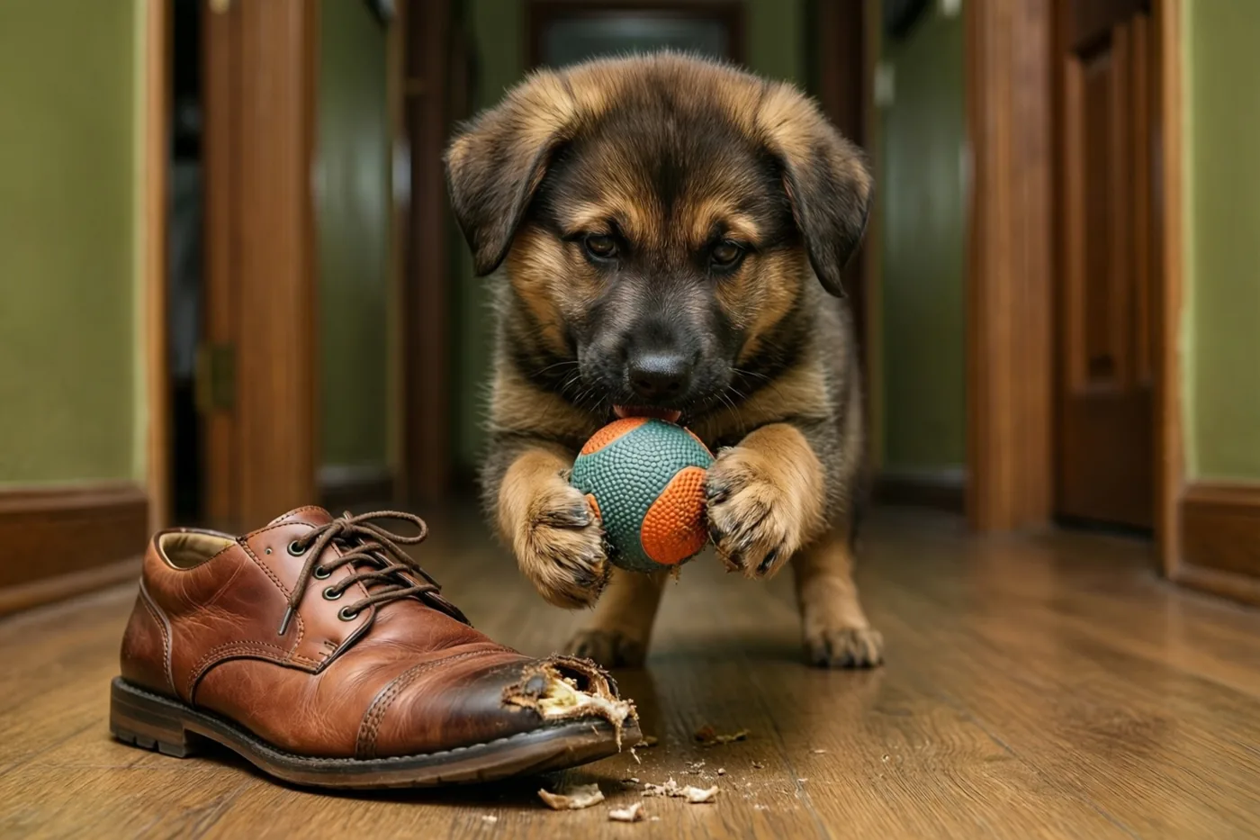 Een Duitseherderpuppy staat op een houten gangvloer met een blauw-oranje bal in zijn poten, naast een bruine leren schoen met een aangeknaagde neus.