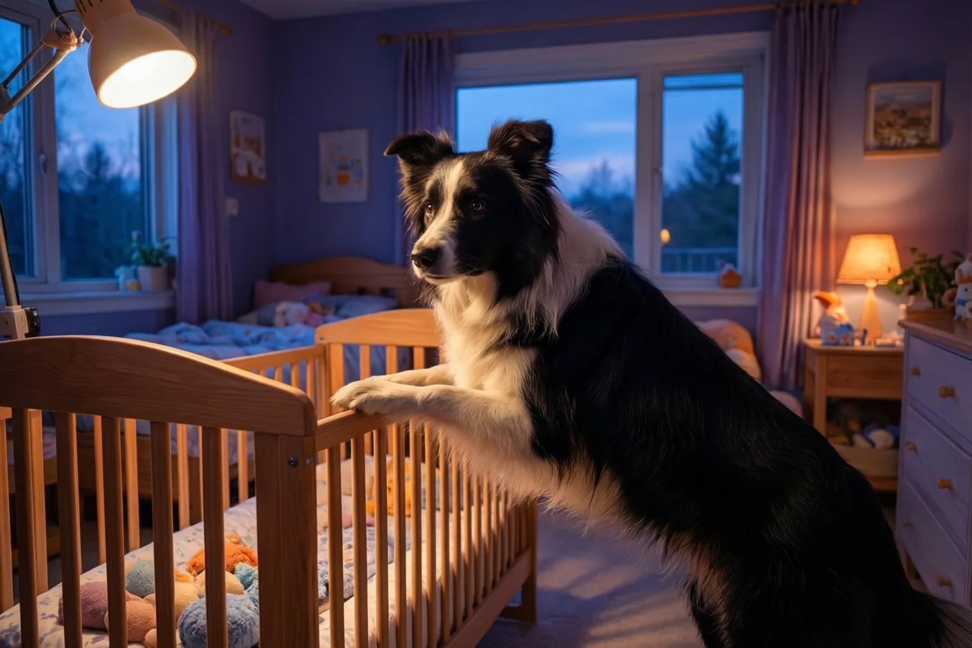 Een zwart-witte herdershond staat alert naast een houten wieg met speelgoed en kijkt bij schemering naar buiten in een babykamer met paarse muren en zacht lamplicht.