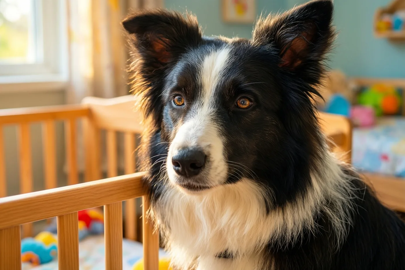 Een zwart-witte herdershond met gespitste oren zit naast een houten wieg in een lichte babykamer met warm zonlicht.
