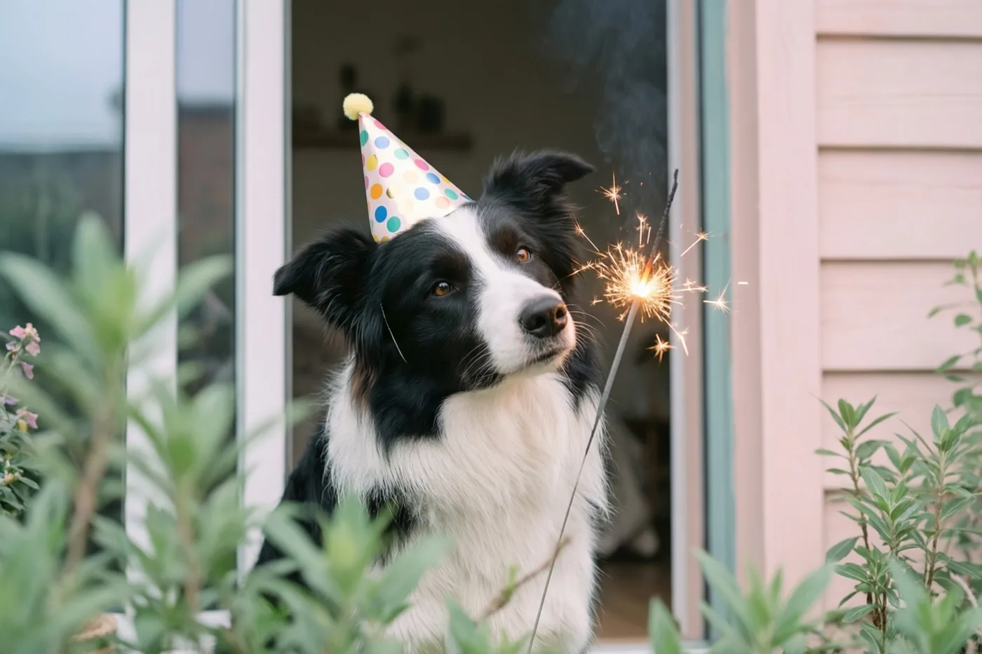 Een zwart-witte herdershond met een gestippeld feesthoedje kijkt met schuin gehouden kop naar een brandend sterretje, buiten bij een huis met groen op de voorgrond.