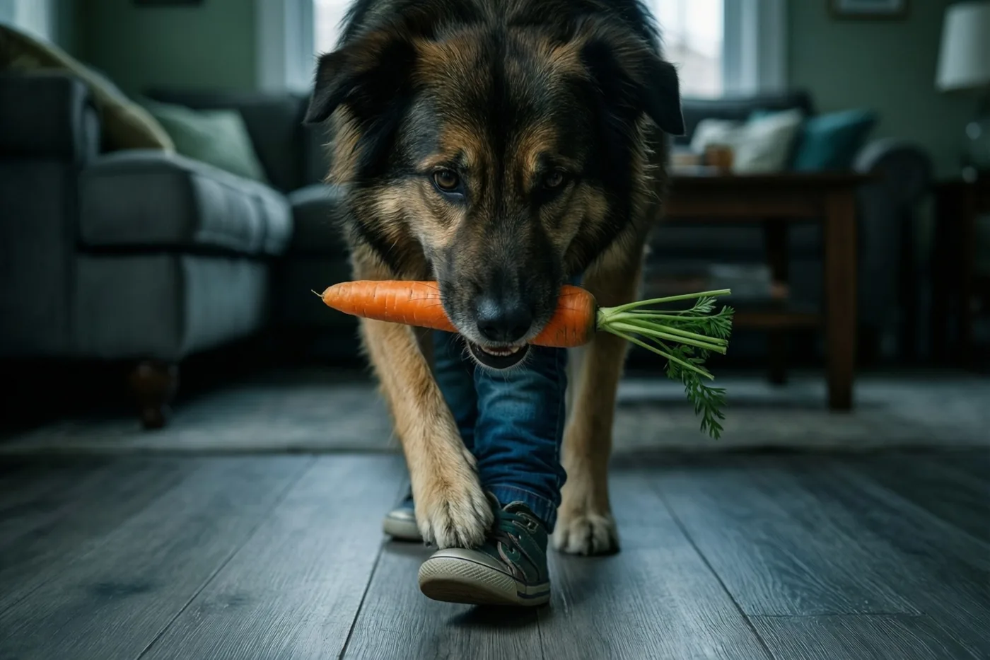 Een Duitse herder loopt met een hele wortel in zijn bek over een houten woonkamervloer en duwt met zijn poot tegen een kindersportschoen.
