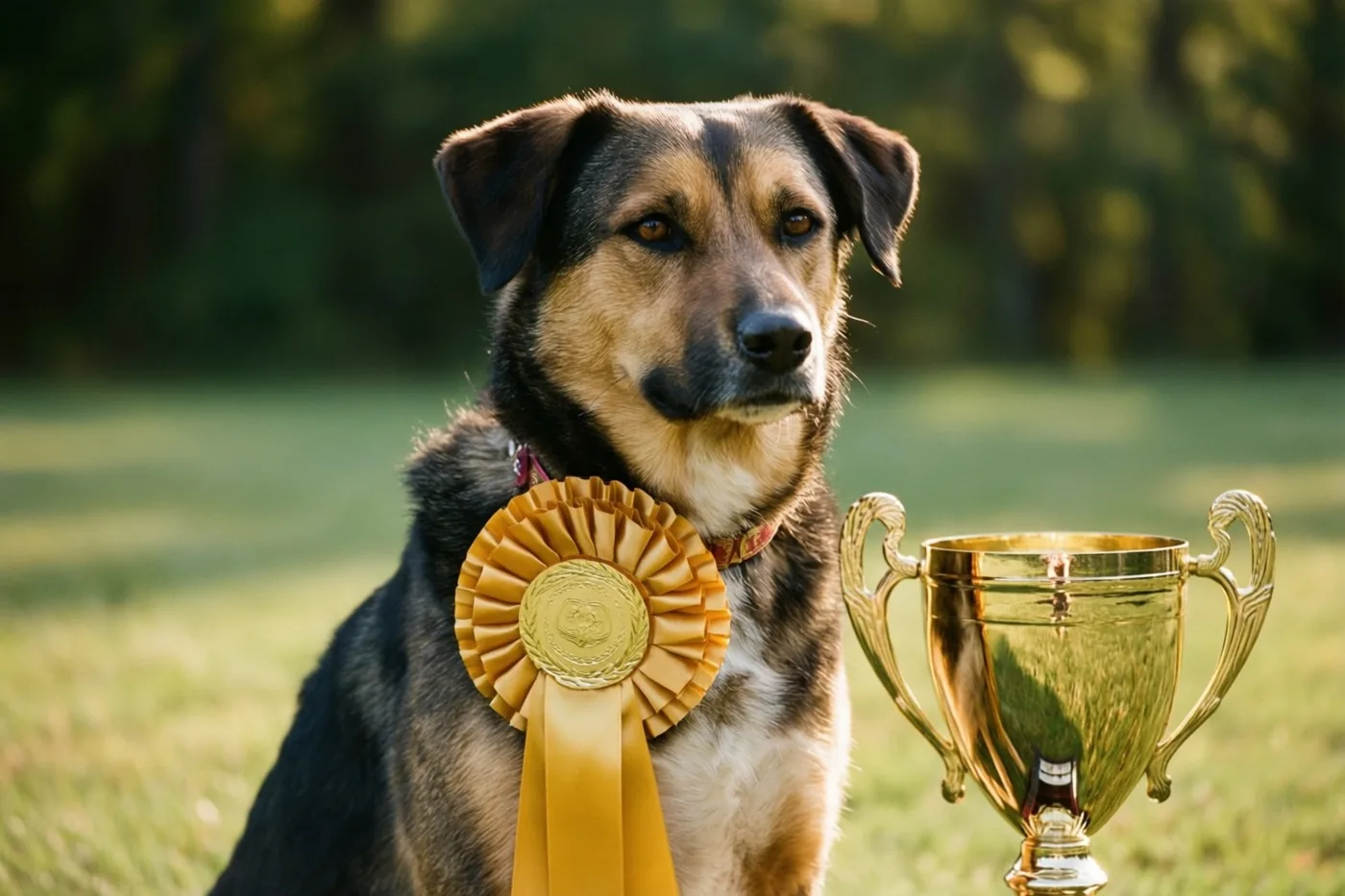 Een kruising van een Duitse herder met een gouden rozet aan zijn halsband zit op gras naast een gouden beker, in warm zonlicht.