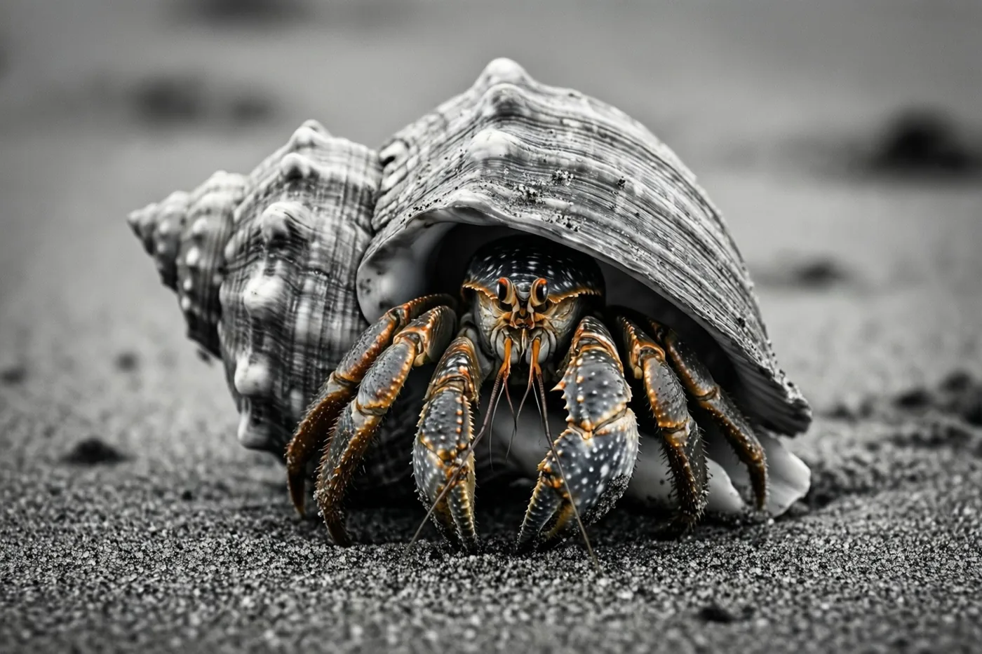 Een heremietkreeft komt op donker zand uit zijn schelp naast een grotere schelp, in een beeld met selectieve kleur en een onscherpe achtergrond.