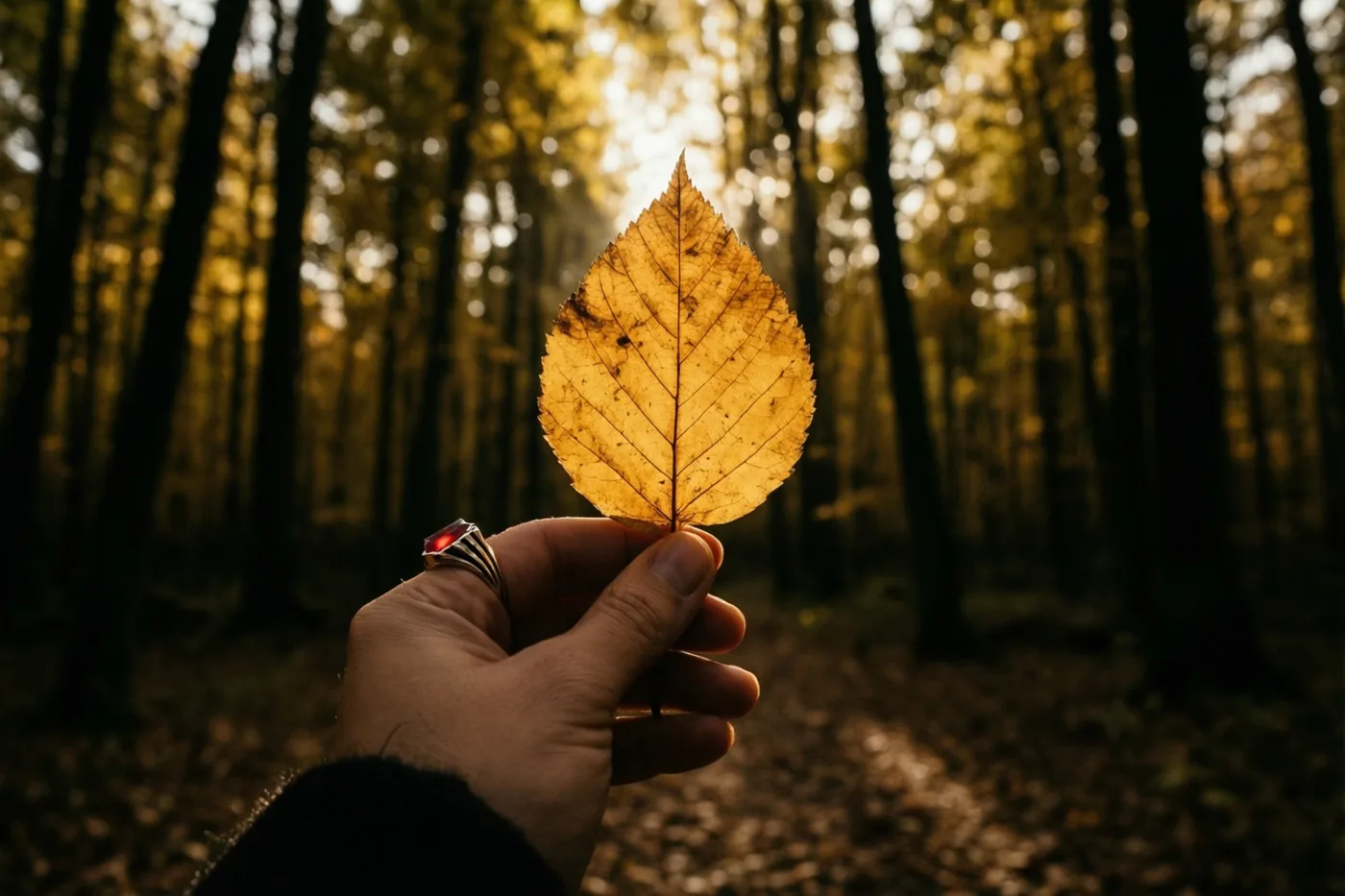 Een hand houdt een goudkleurig herfstblad vast in warm zonlicht, met een onscherp bos in goudbruine tinten op de achtergrond.