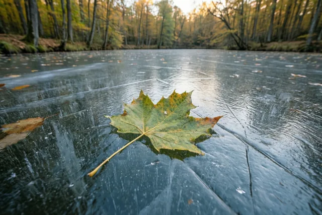 Een herfstblad ontmoet de winter