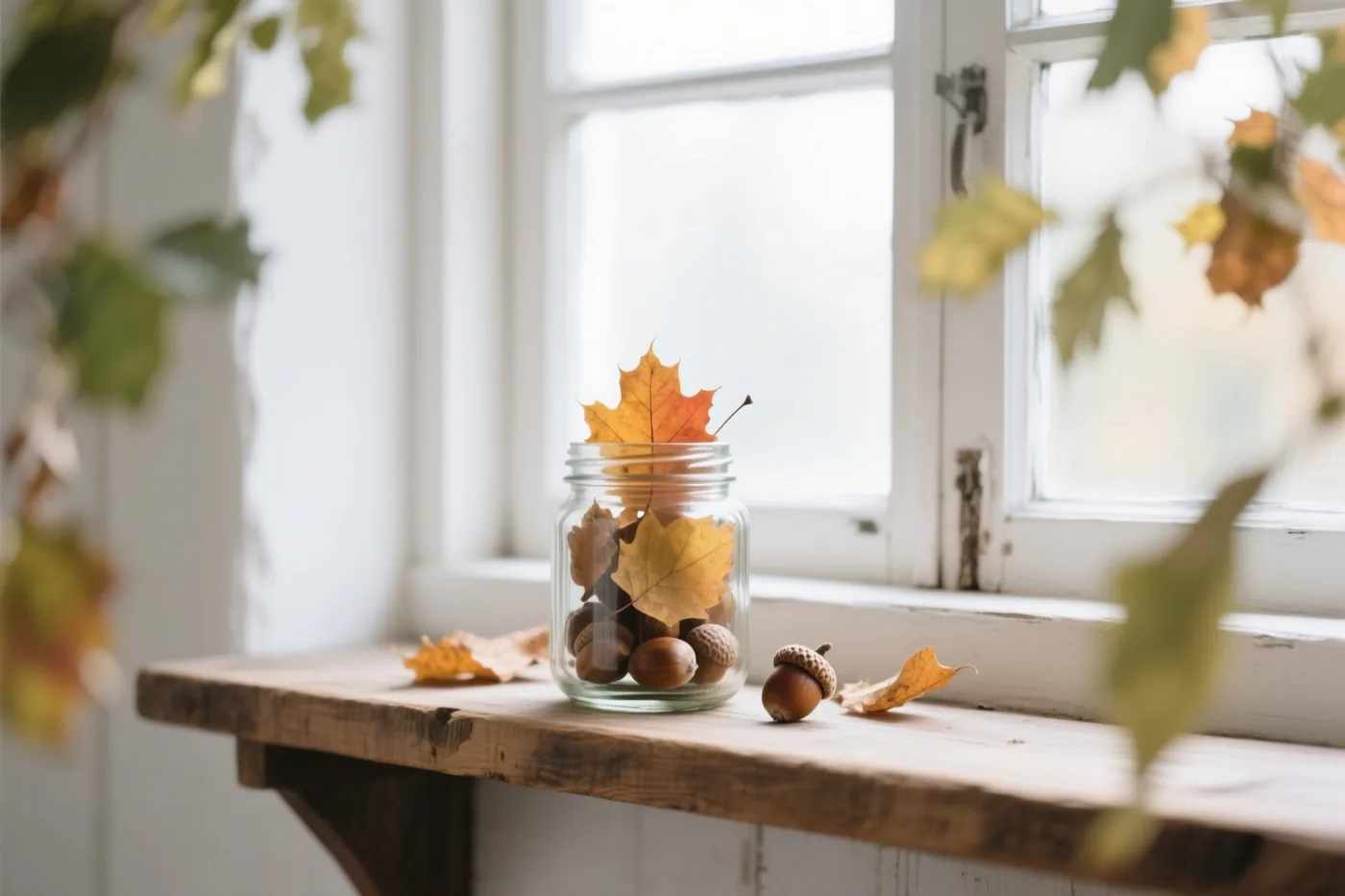 Een glazen pot met herfstbladeren en eikels staat op een houten plank voor een wit raam in zacht daglicht.