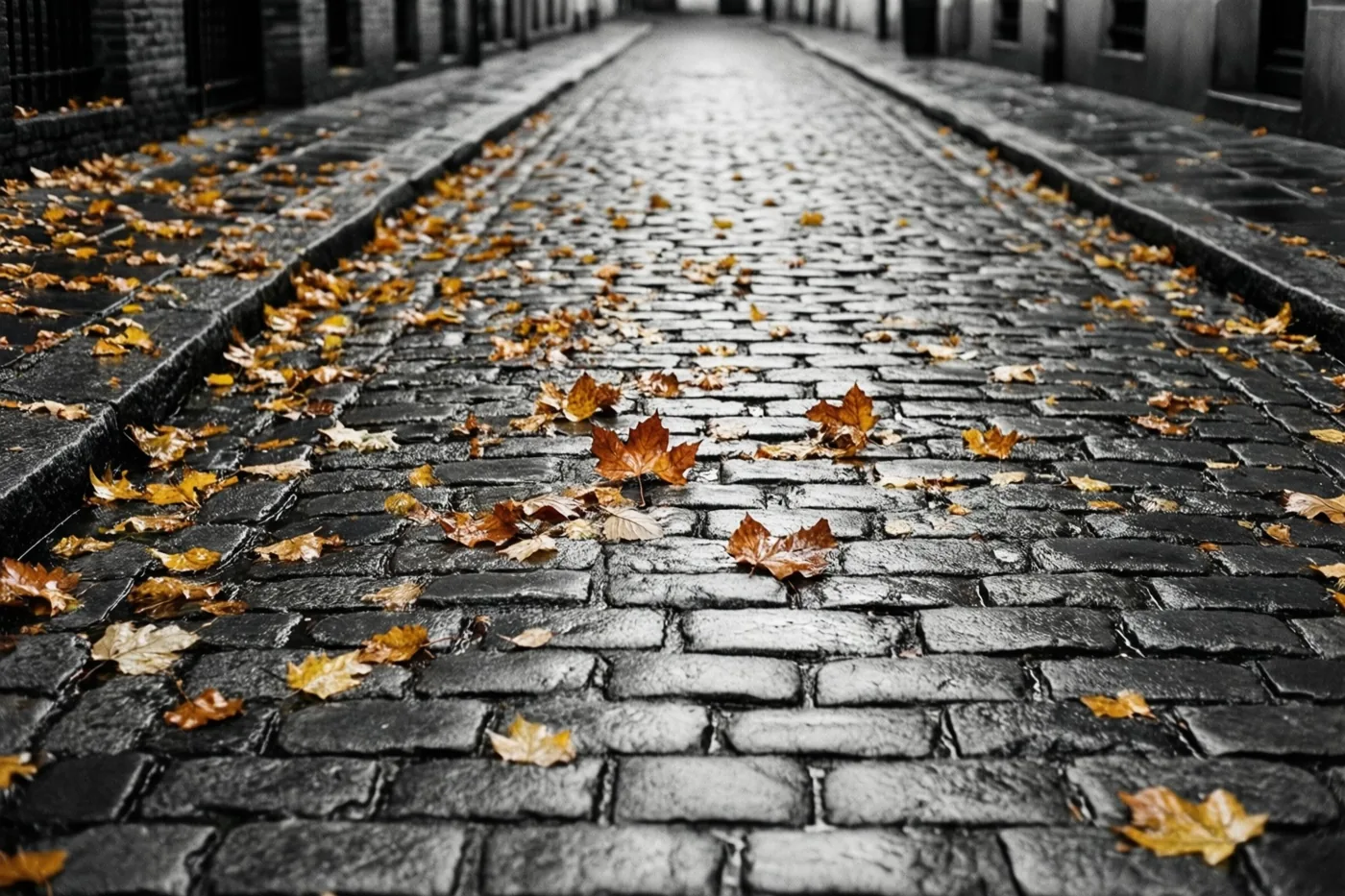 Afgevallen herfstbladeren liggen verspreid over de natte grijze kasseien van een smal steegje, in gedempte tinten.