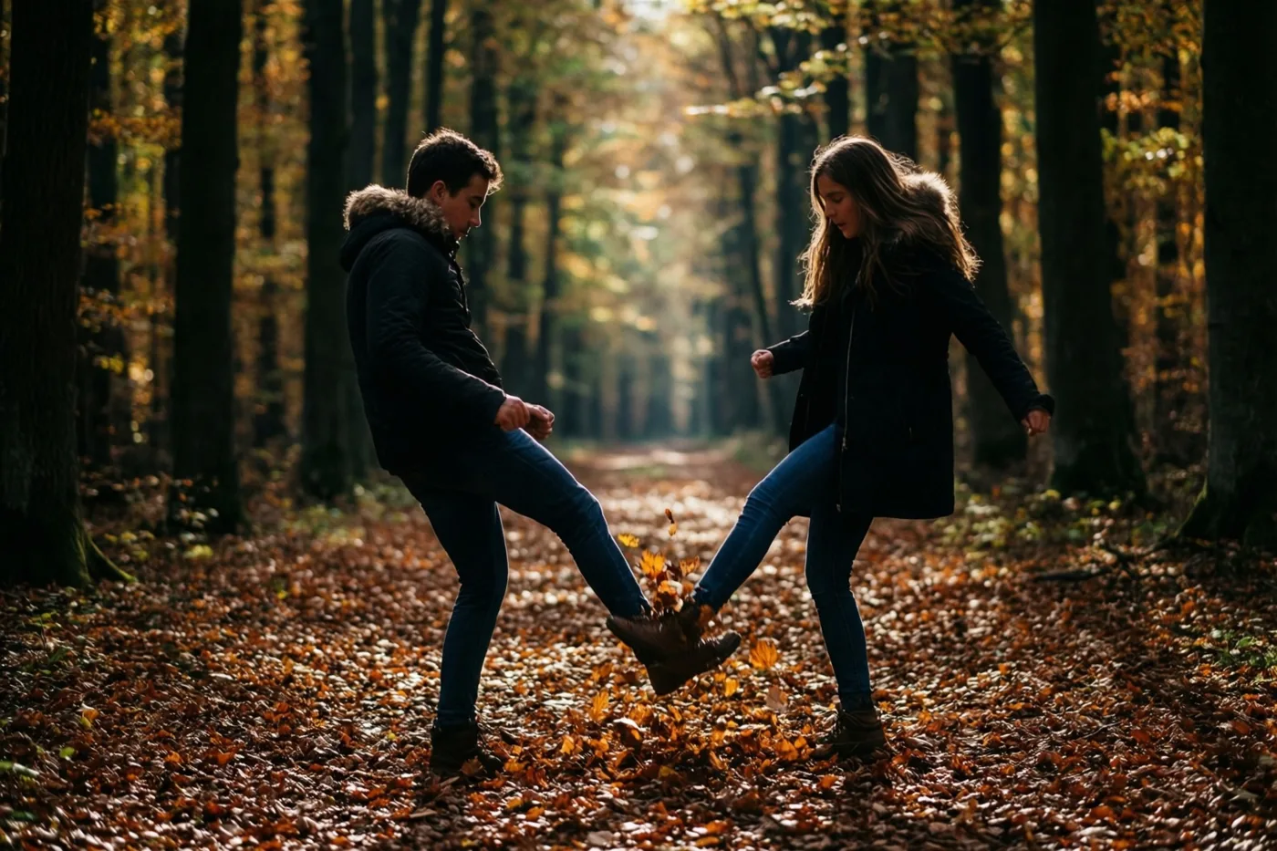 Twee mensen schoppen tegen herfstbladeren op een bospad tussen hoge bomen met goudkleurig loof in warm zonlicht.